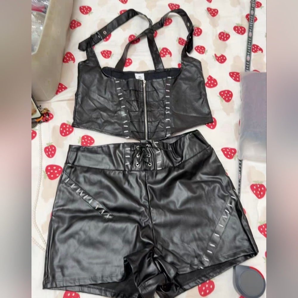 Black Faux Leather Crop Top and Shorts Set